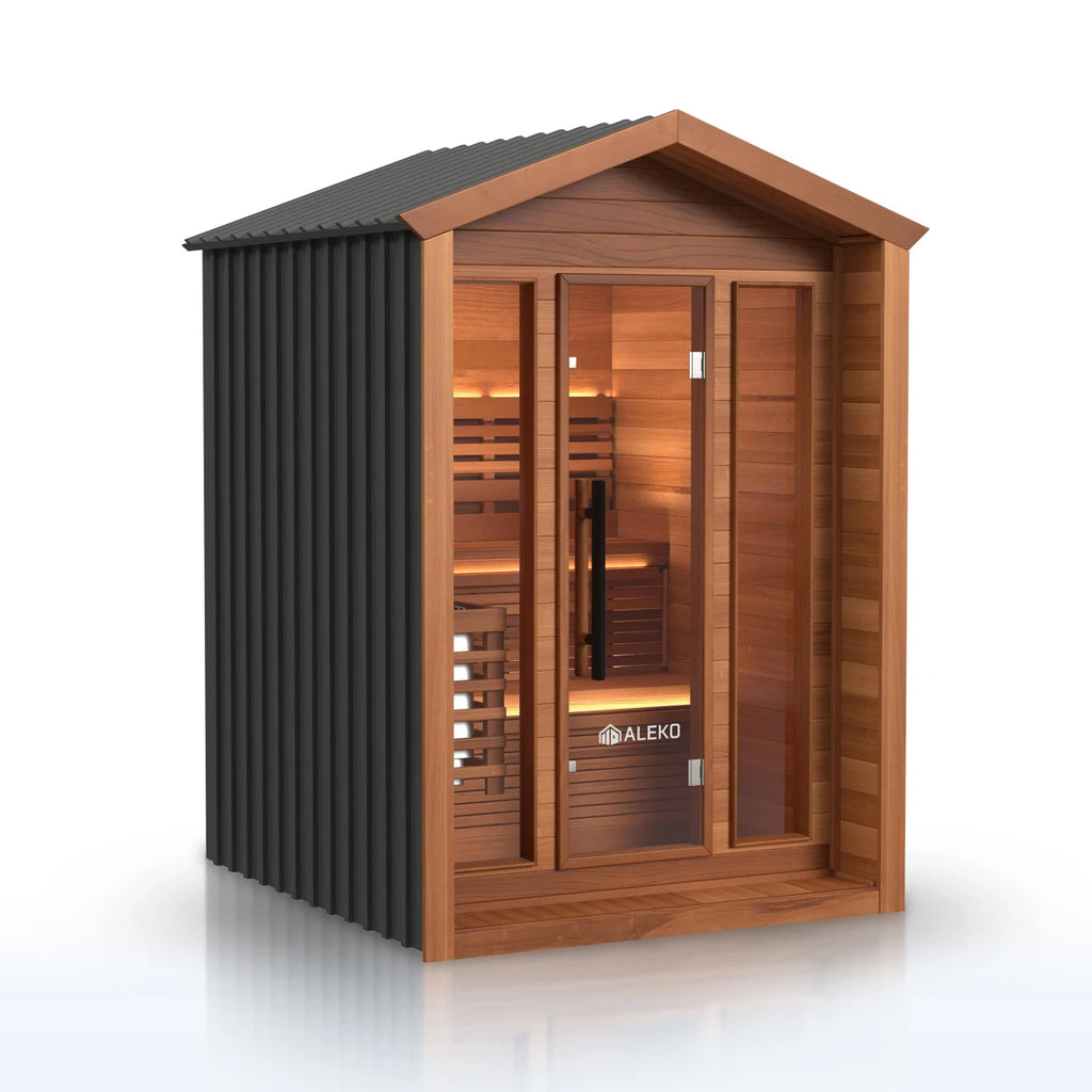 Wooden sauna with black exterior on a white background
