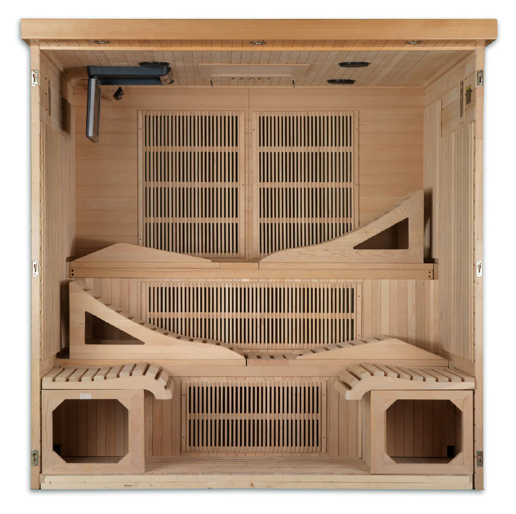 Wooden sauna with benches and ventilation system on a white background