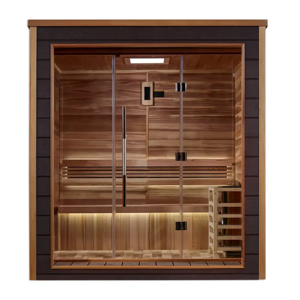 Wooden sauna with glass doors on a white background
