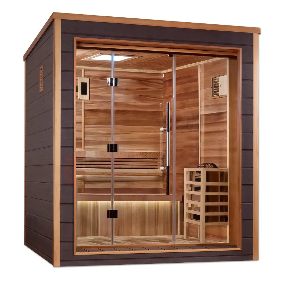 Wooden sauna with glass door on a white background