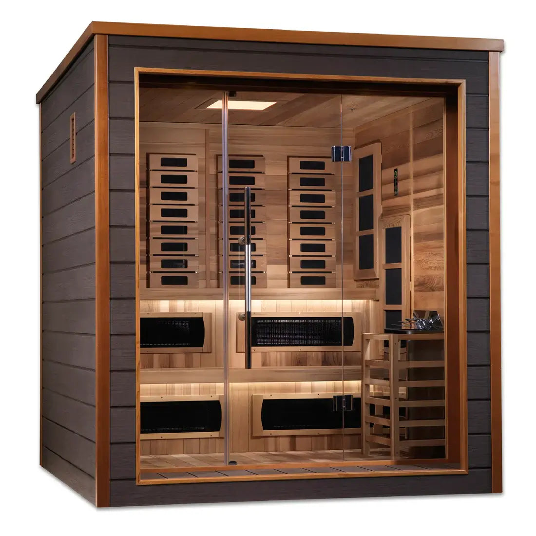 Wooden sauna with glass door on a white background