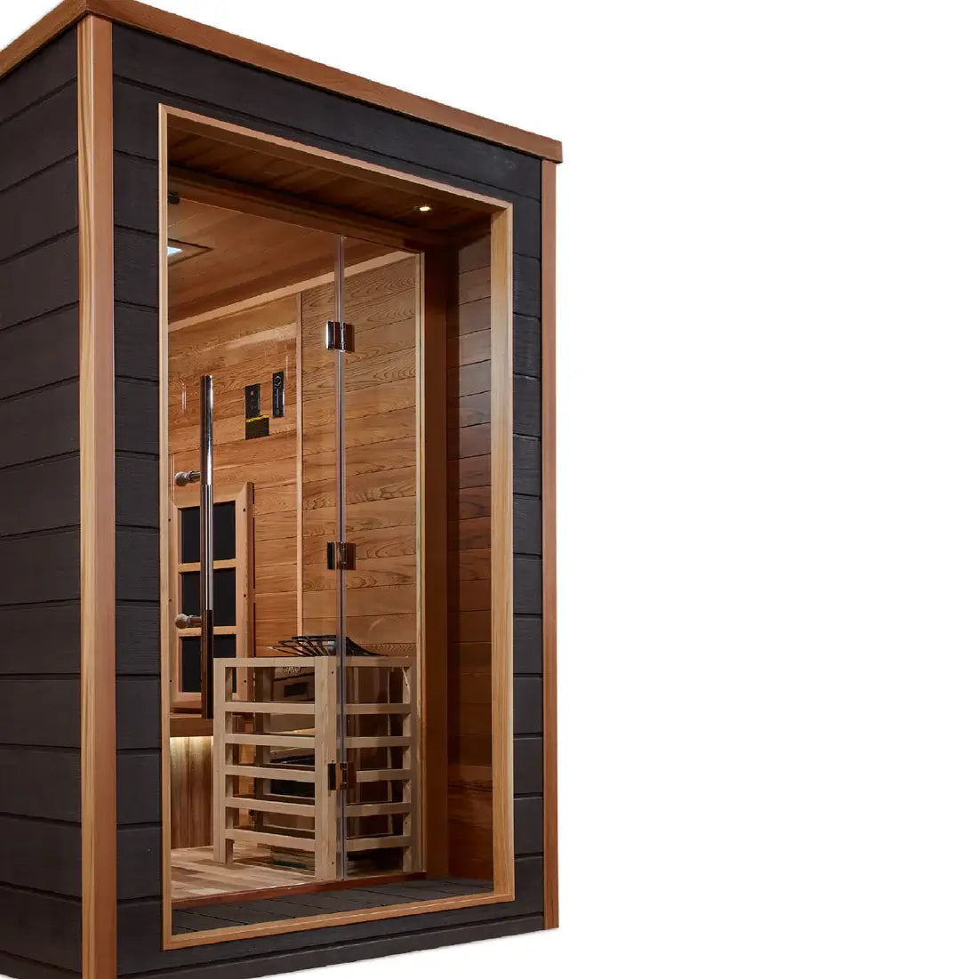 Wooden sauna with glass door on a white background