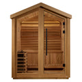 Wooden sauna with glass door on a white background