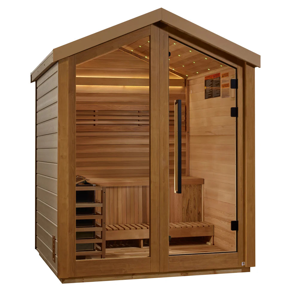 Wooden sauna with glass door on a white background