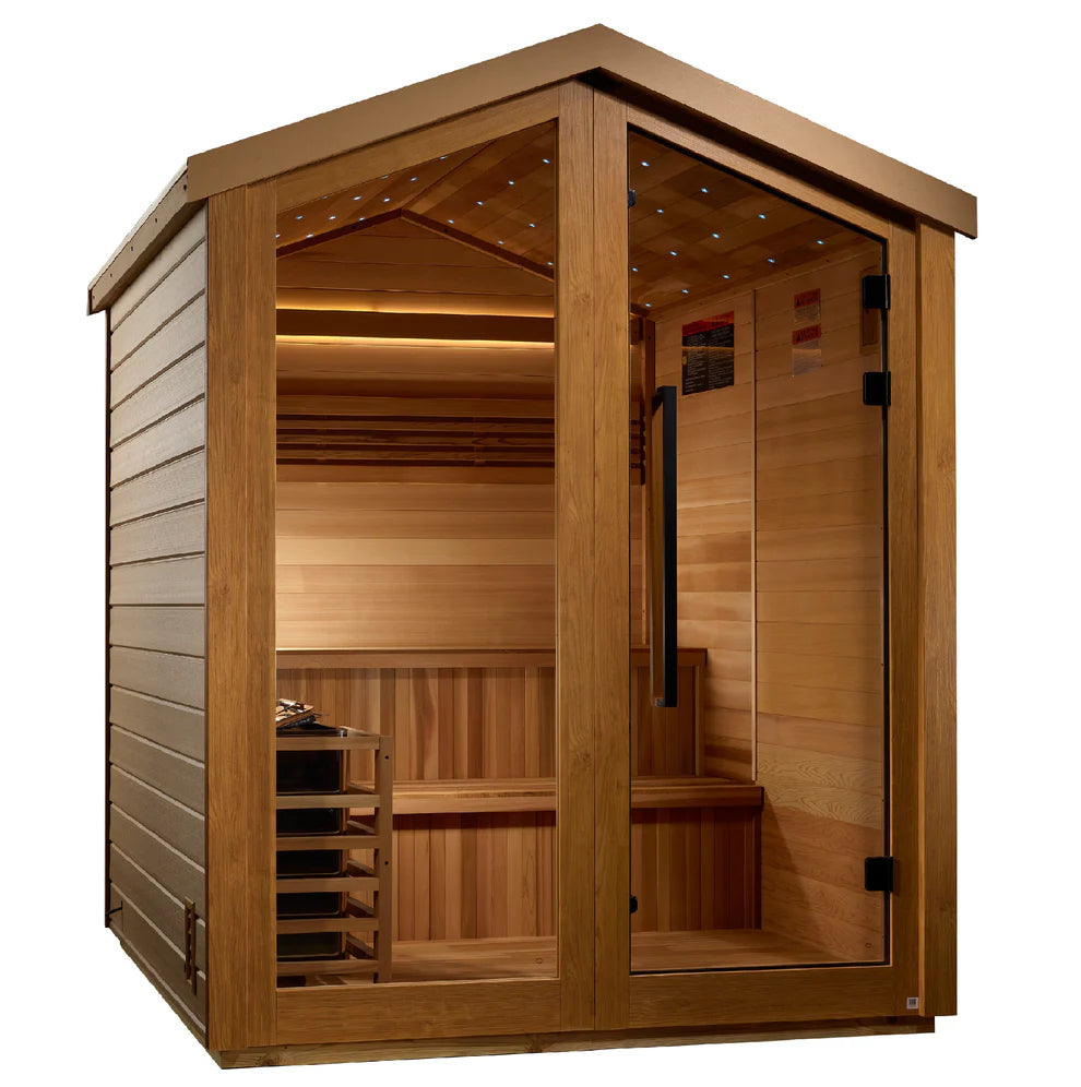 Wooden sauna with glass door on a white background