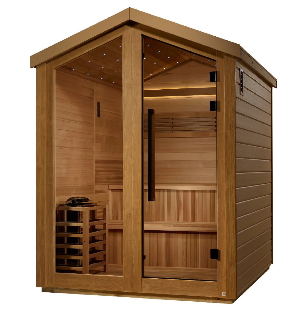 Wooden sauna with interior shelves on a white background