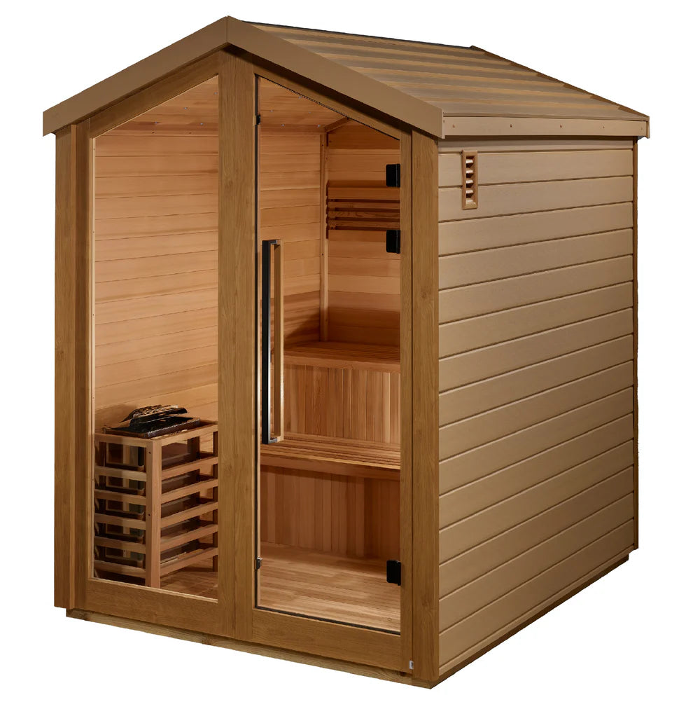 Wooden sauna with interior shelves on a white background