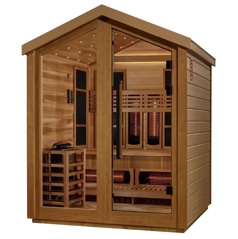 Wooden infrared sauna with interior view on a white background