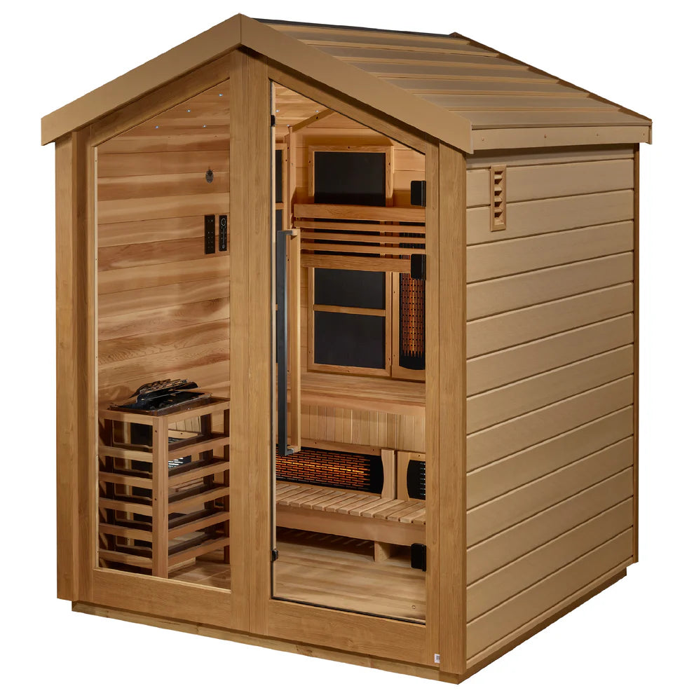 Wooden sauna with interior visible through glass doors