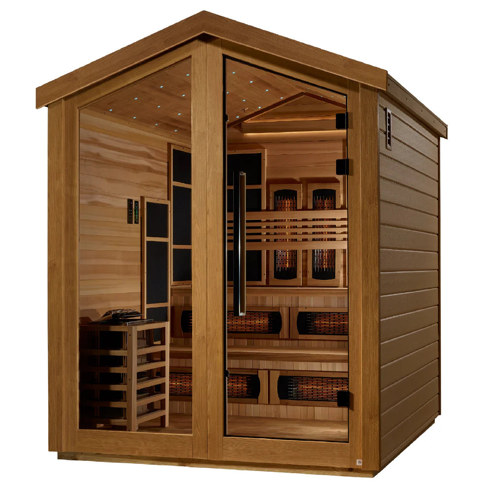 Wooden sauna with glass doors on a white background