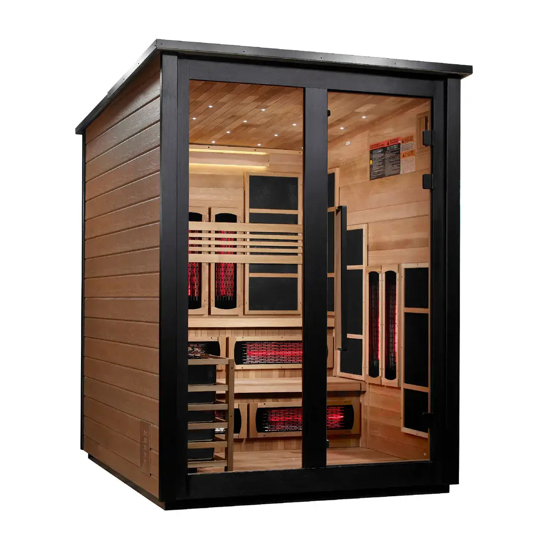 Infrared sauna with wooden interior and black frame on a white background