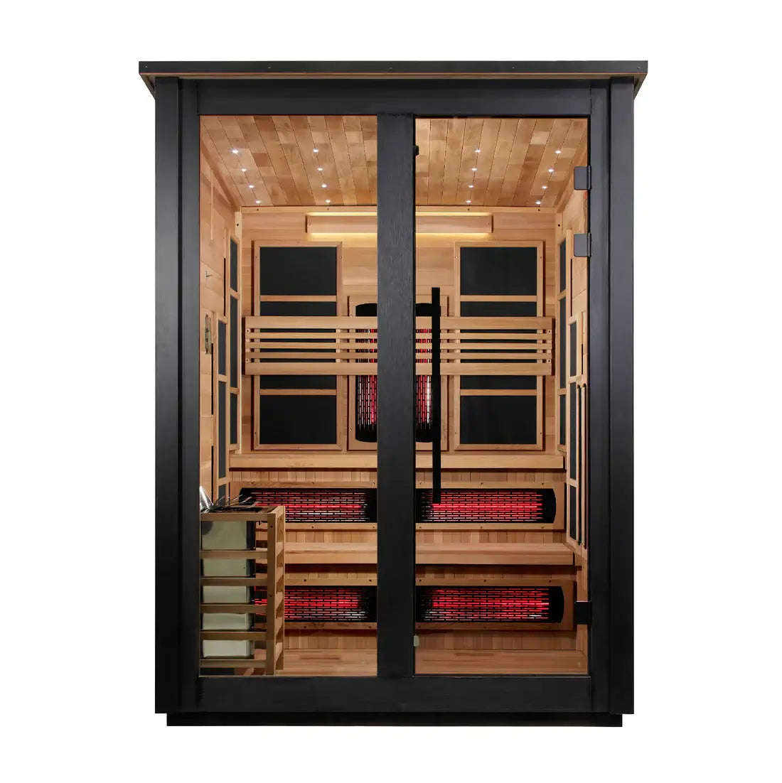 Infrared sauna with wooden interior and black frame on a white background