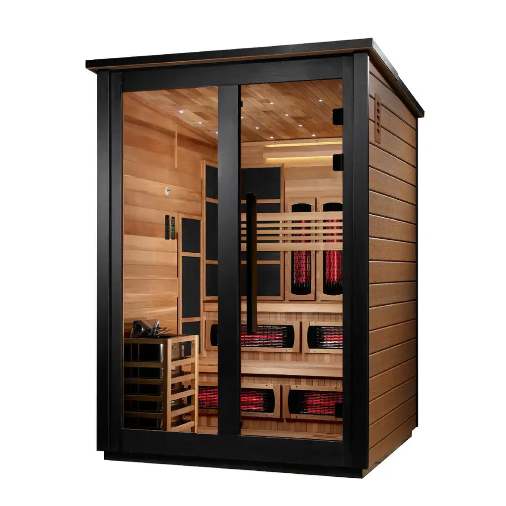 Infrared sauna with wooden interior and black exterior on a white background