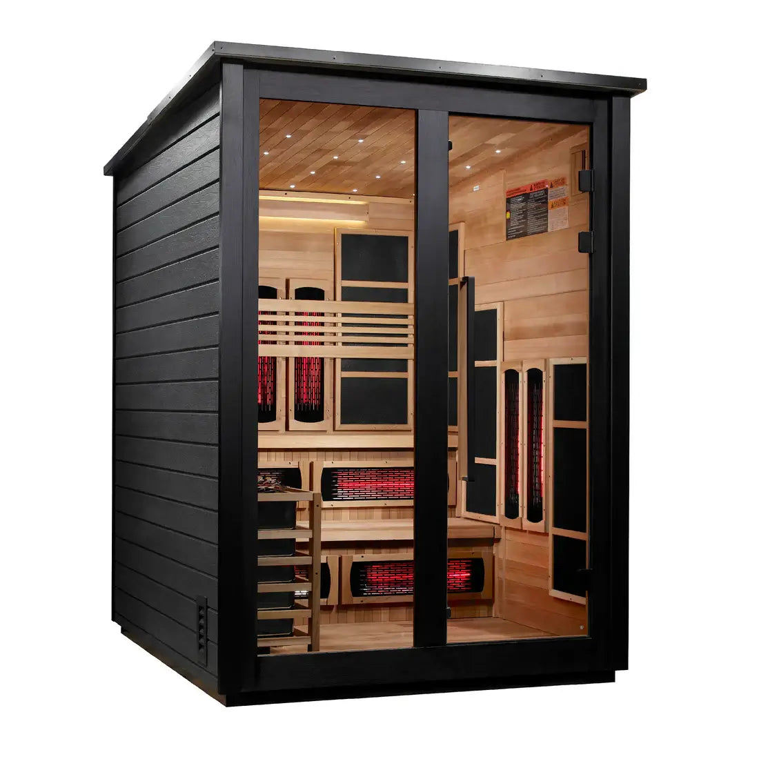Infrared sauna with black exterior and wooden interior on a white background