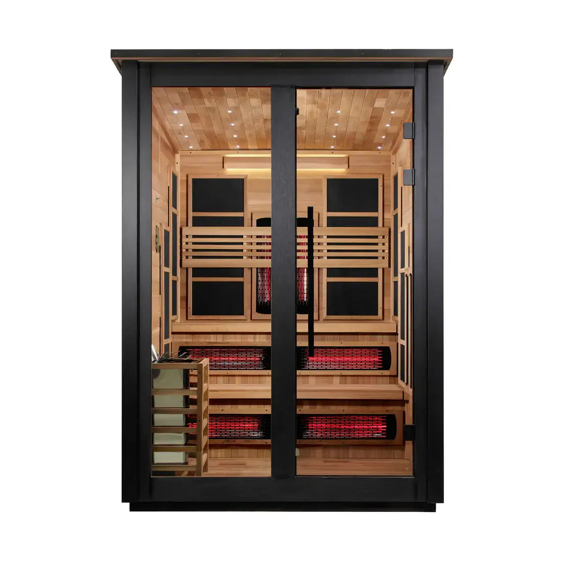 Infrared sauna with wooden interior and black frame on a white background