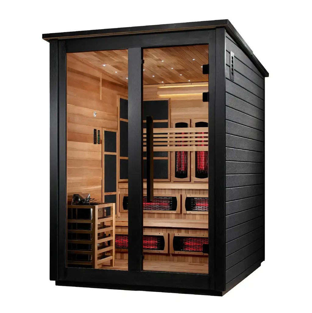 Infrared sauna with black exterior and wooden interior on a white background