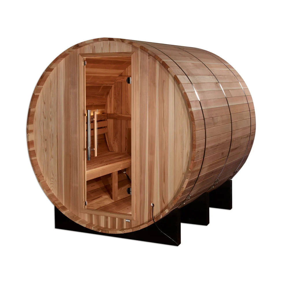 Wooden barrel-shaped sauna on a white background