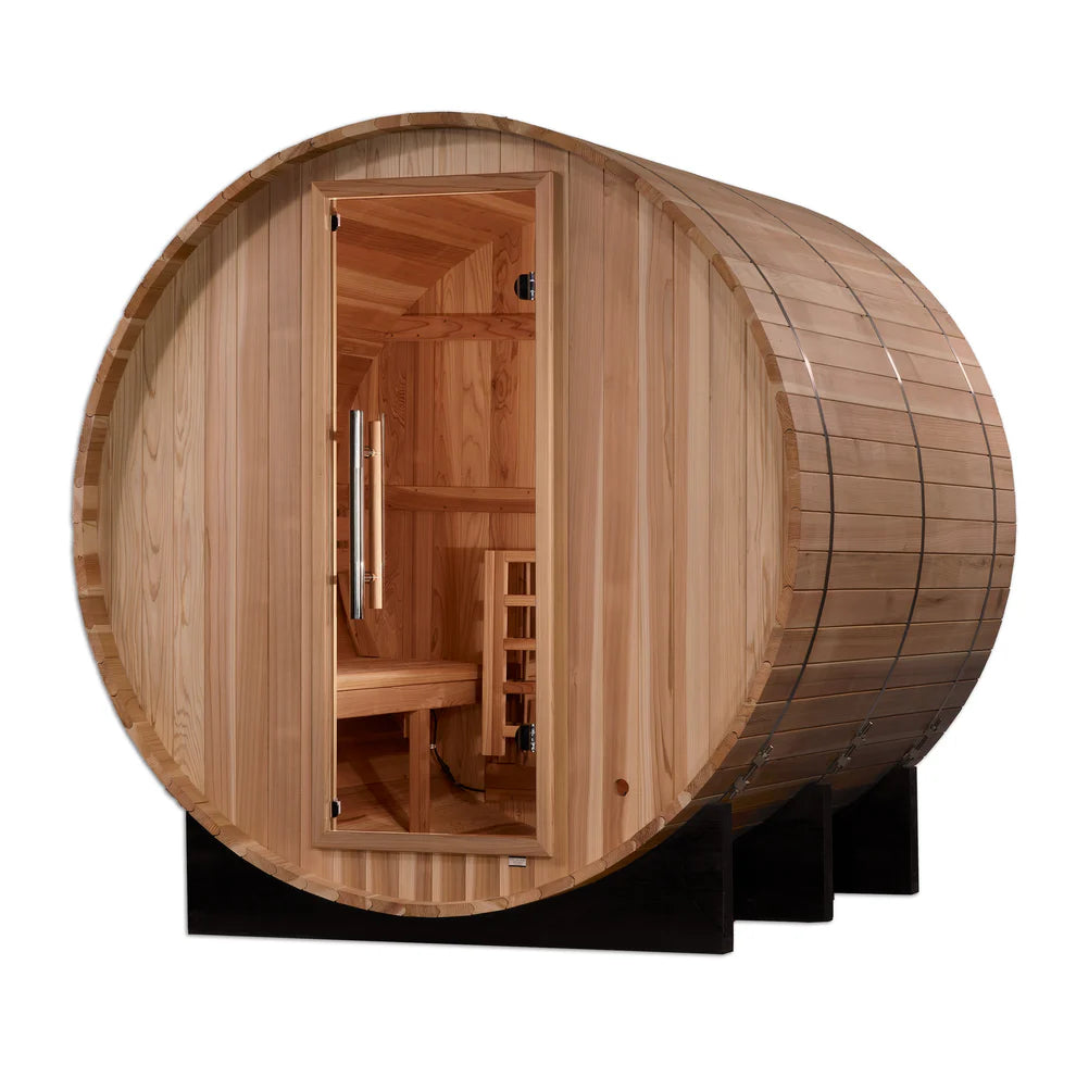 Wooden barrel-shaped sauna with open door on a white background