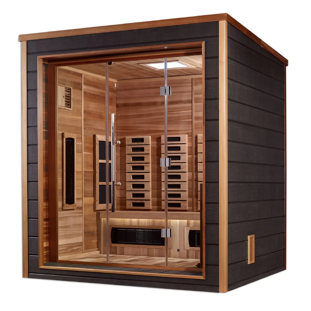 Wooden sauna with glass door on a white background
