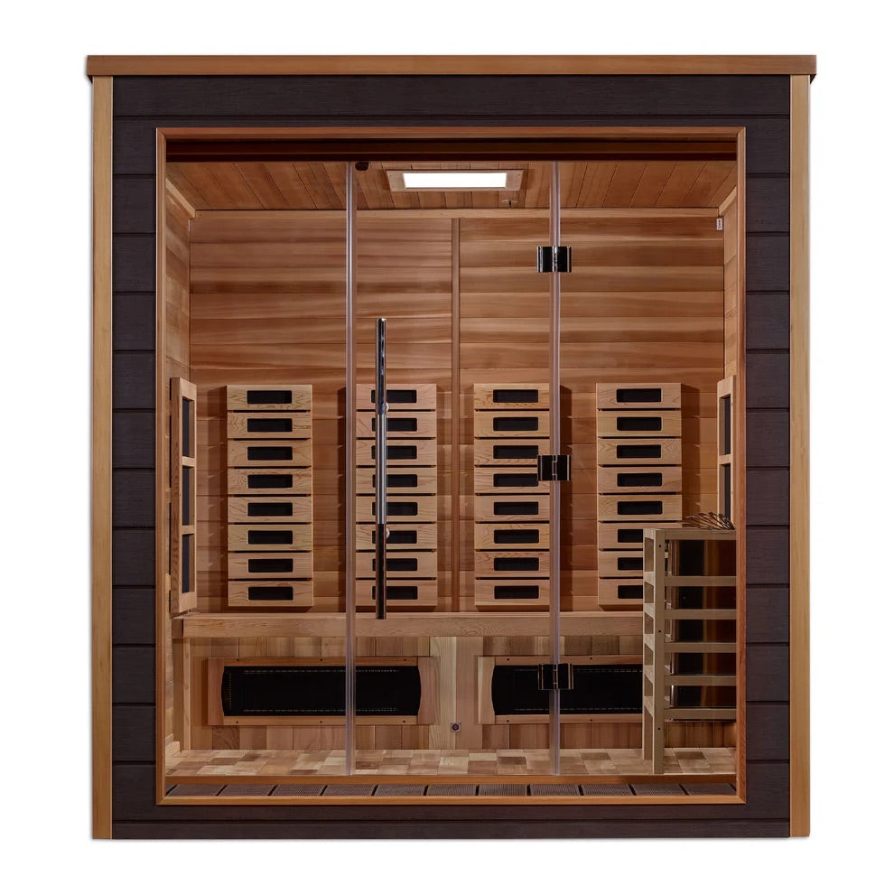 A modern wooden sauna cabin with a warm brown wood interior, dark brown exterior siding, and two glass doors with black handles, shown against a plain white background.