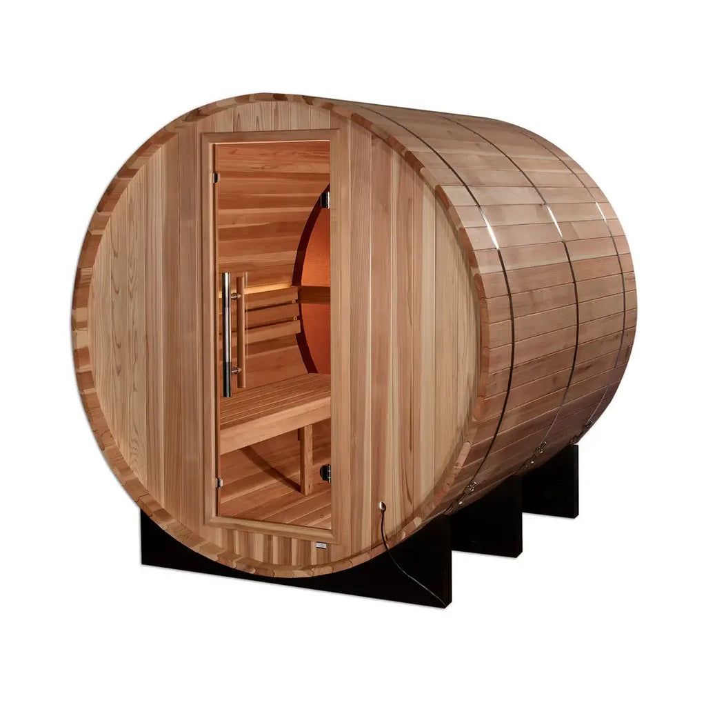 Wooden barrel-style sauna on a white background