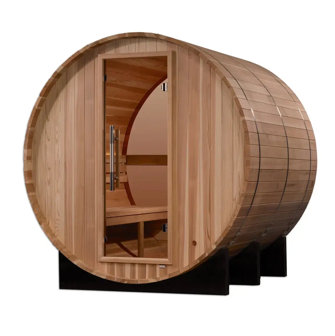 Wooden barrel-shaped sauna on a white background