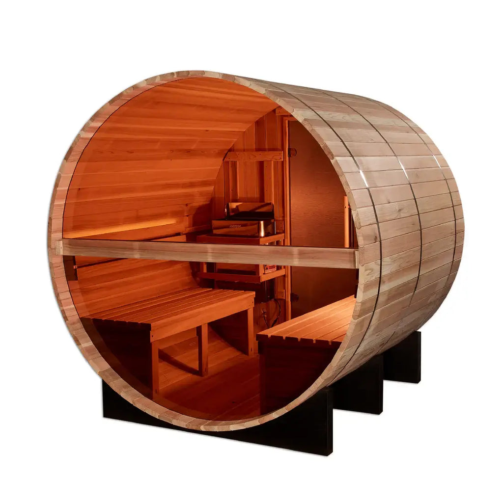 Wooden barrel-shaped sauna with benches on a white background