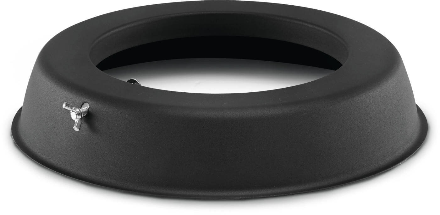 Black plastic ring with a small metallic object on a white background