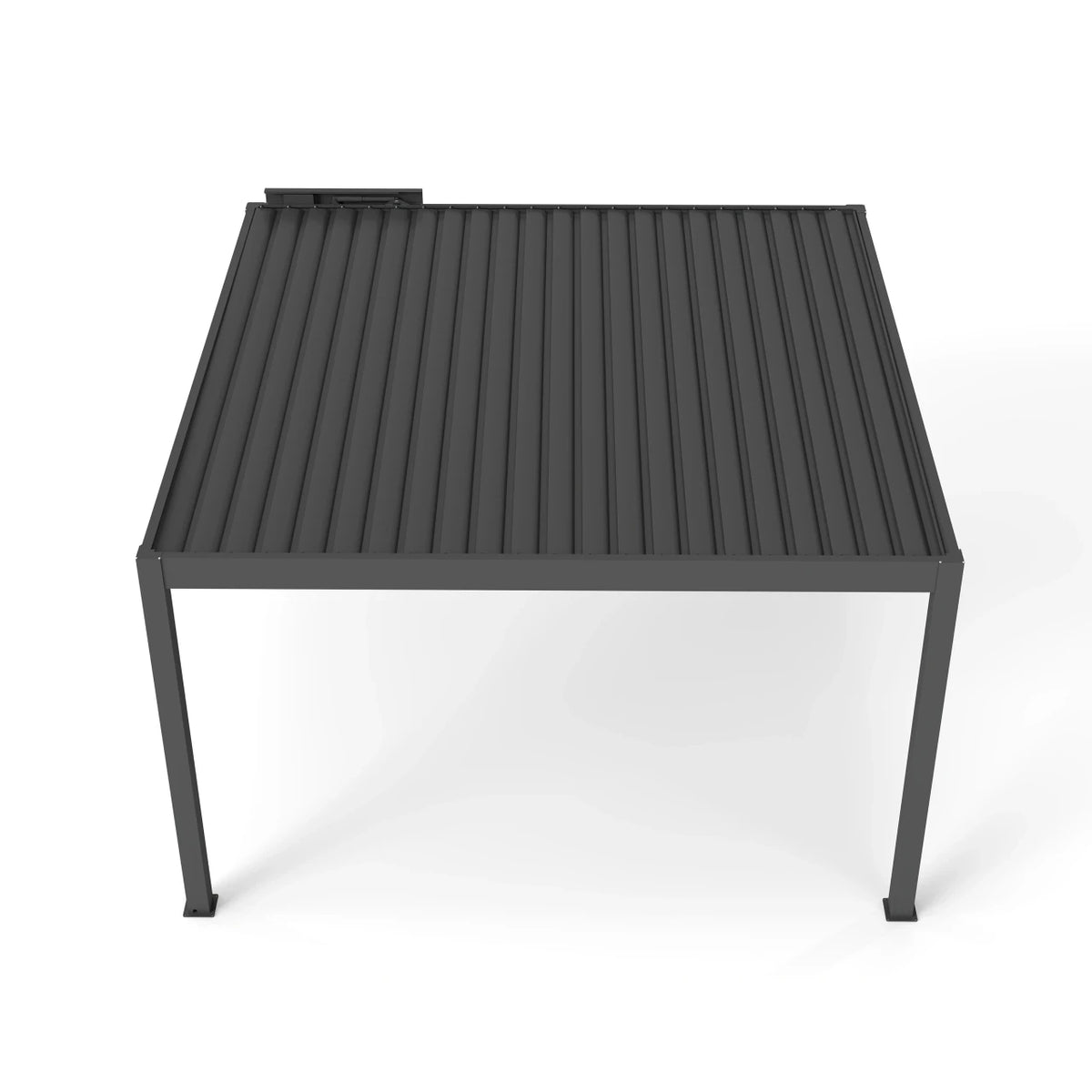 A modern rectangular outdoor pergola with a dark gray ribbed metal slatted top and slim metal legs, shown on a clean white background.