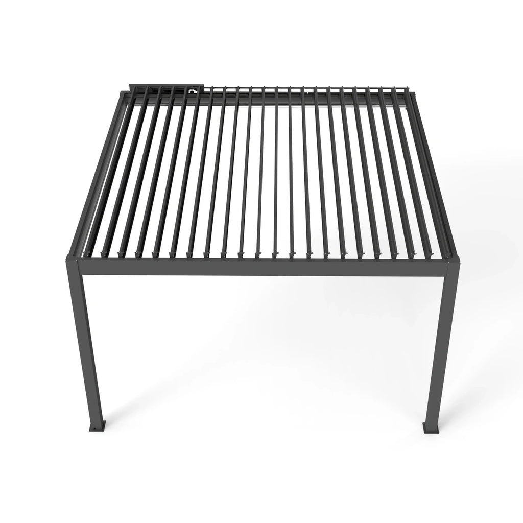 A modern square metal pergola with a dark gray frame and parallel horizontal slats on a clean white background.