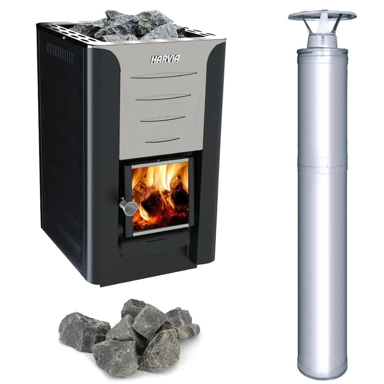 Wood stove with fire, rocks, and a tall silver chimney on a white background