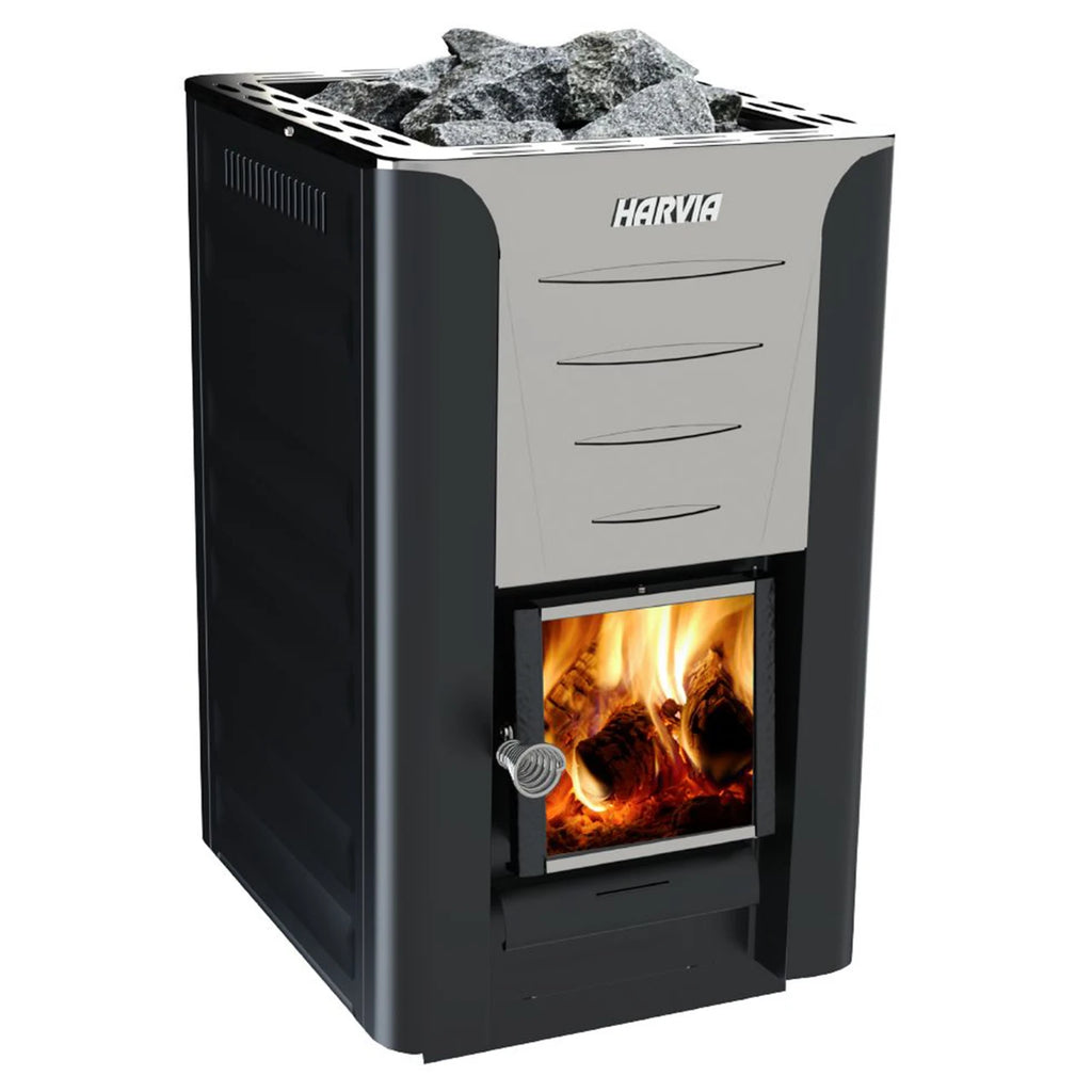 Wood-burning sauna heater with visible fire and Harvia branding on a white background