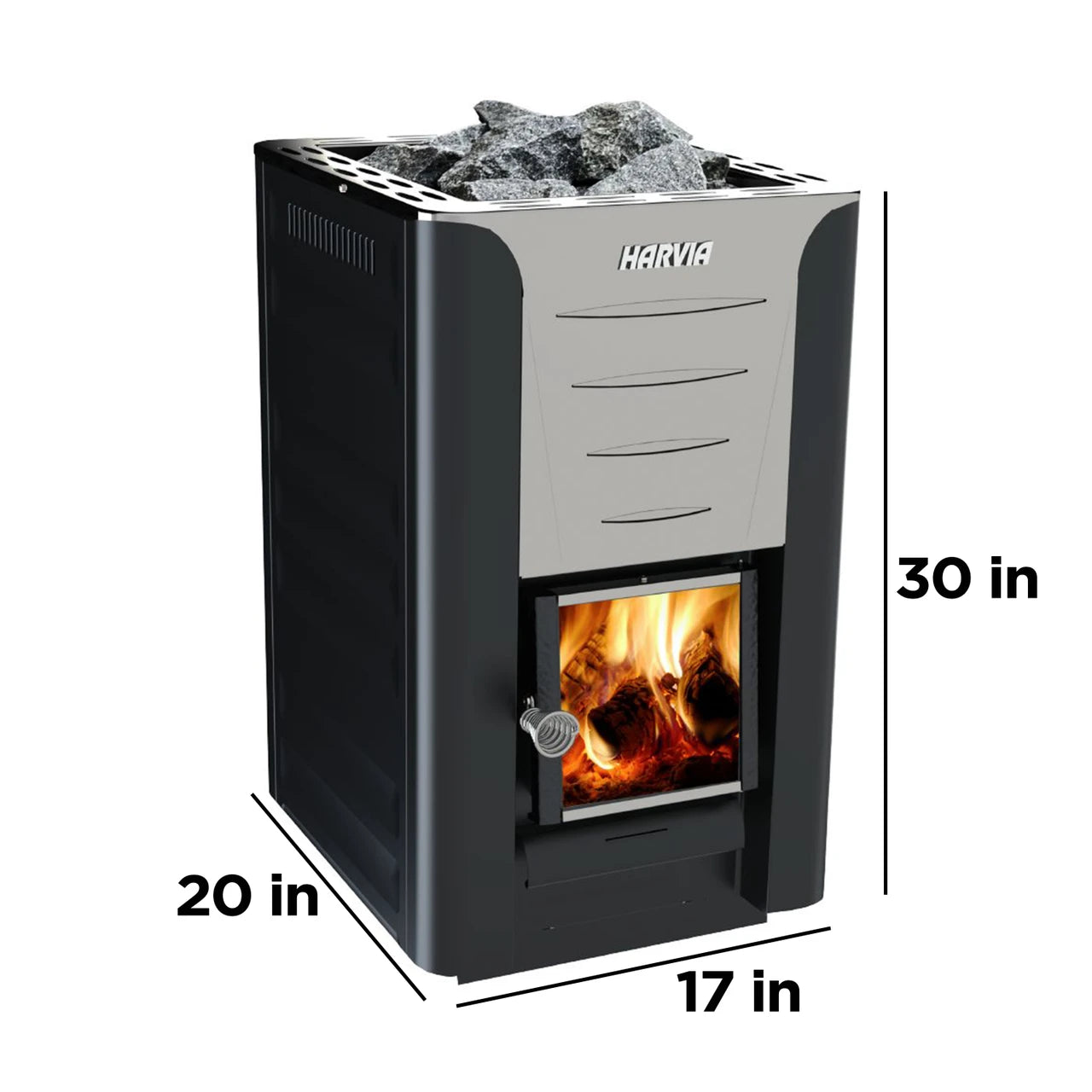 Harvia sauna heater with dimensions labeled on a white background