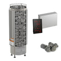Harvia sauna heater with WiFi control, digital control panel, and sauna stones for efficient heating.