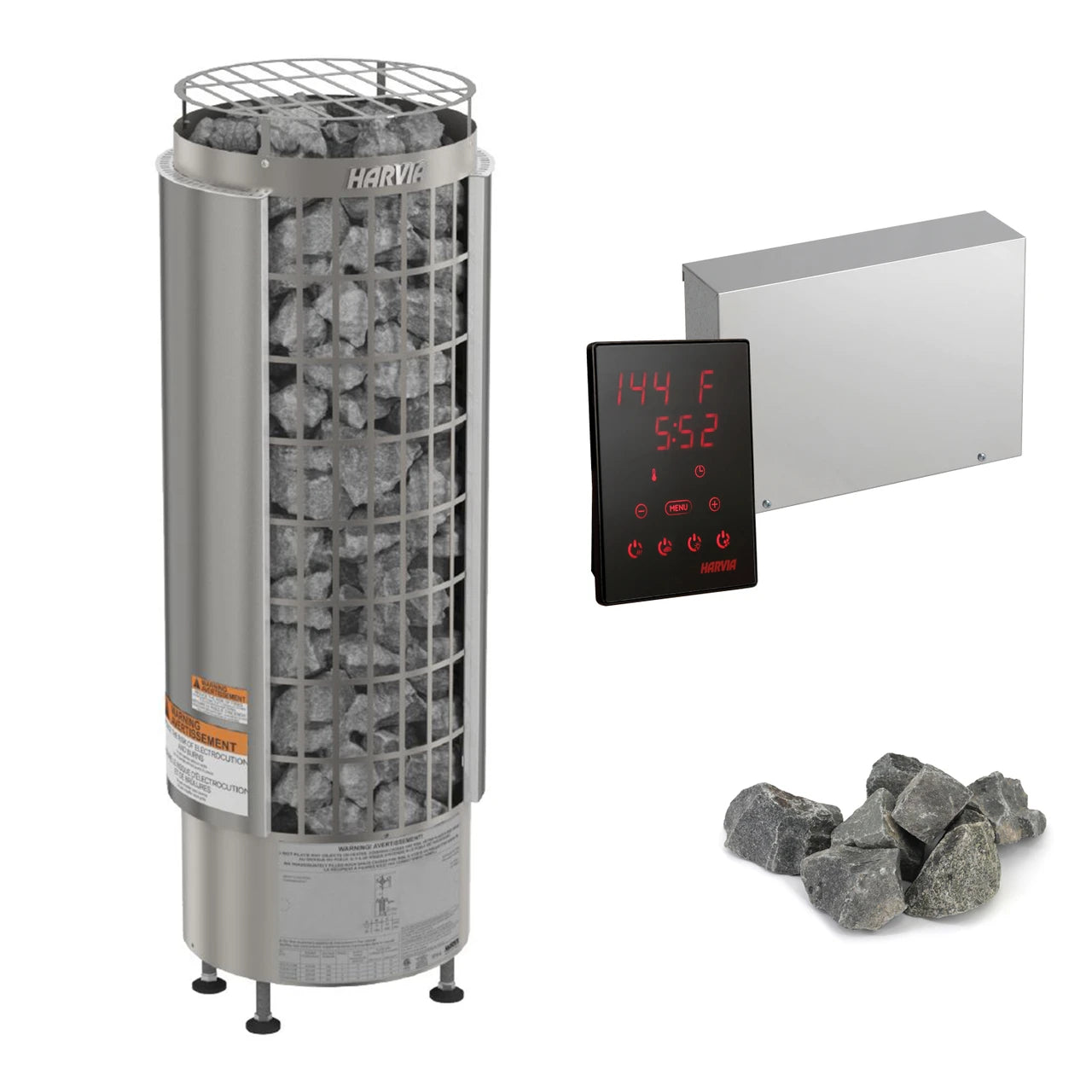 Harvia sauna heater with WiFi control, digital control panel, and sauna stones for efficient heating.