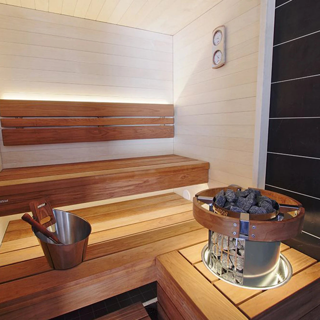 Wood Burning Sauna Heater - Harvia sauna heater with WiFi control in a wooden sauna interior.