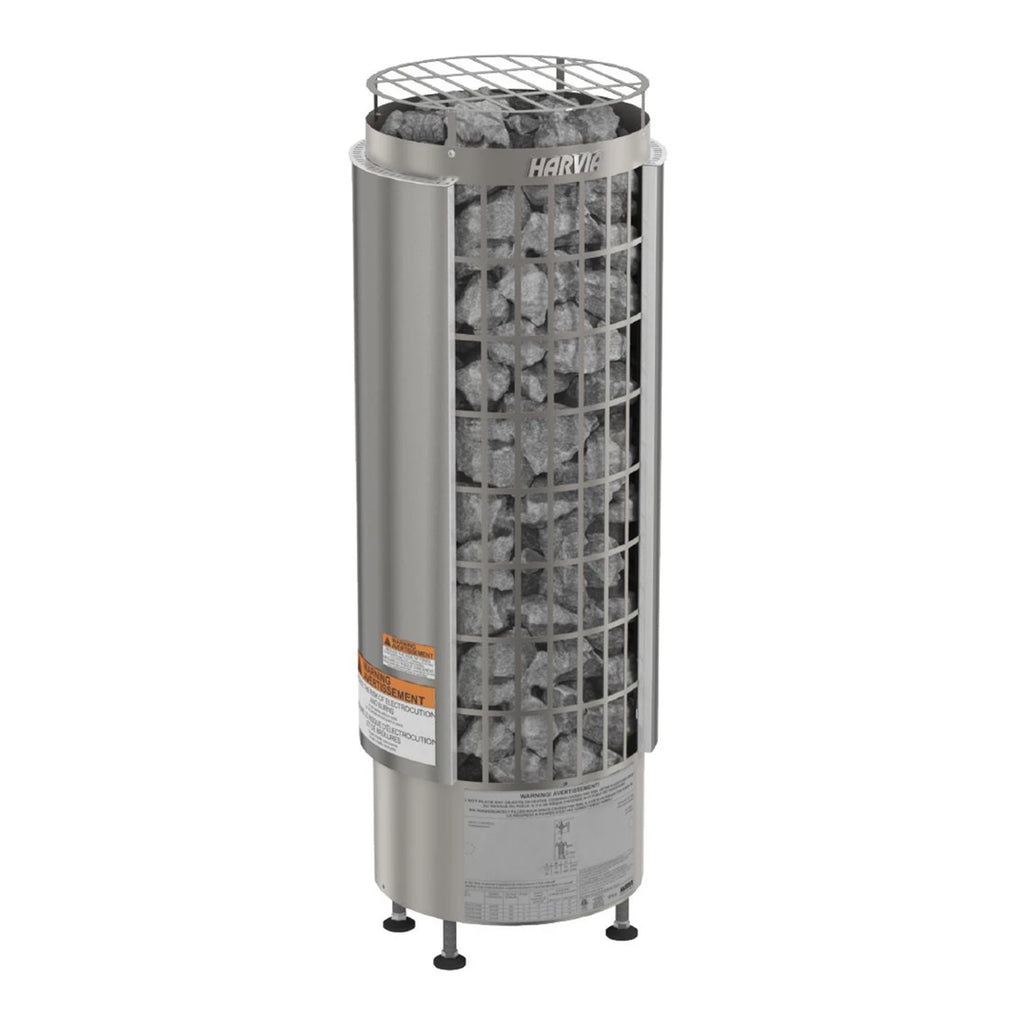 Harvia sauna heater with WiFi control featuring a sleek design and large stone capacity for efficient heating.