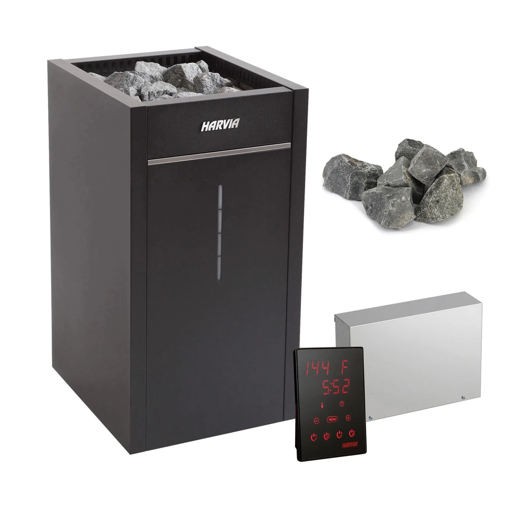 Harvia Virta wood burning sauna heater with high capacity sauna stones and standalone digital control panel.