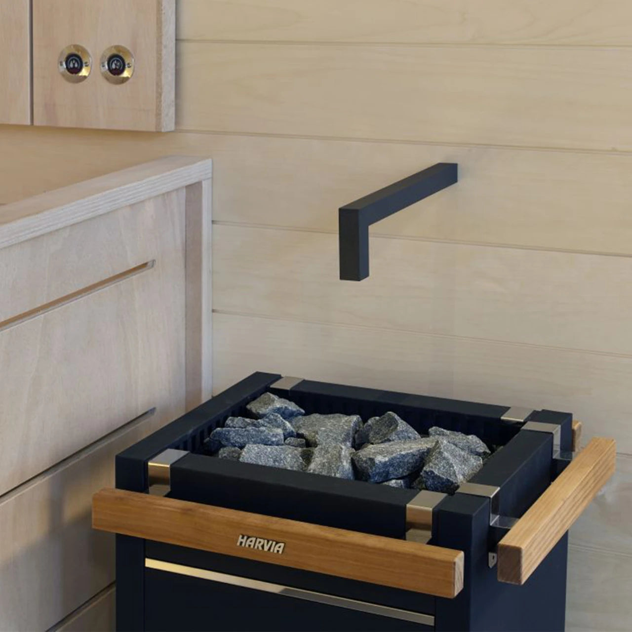 Harvia Virta wood burning sauna heater with high capacity sauna stones and standalone digital control panel.