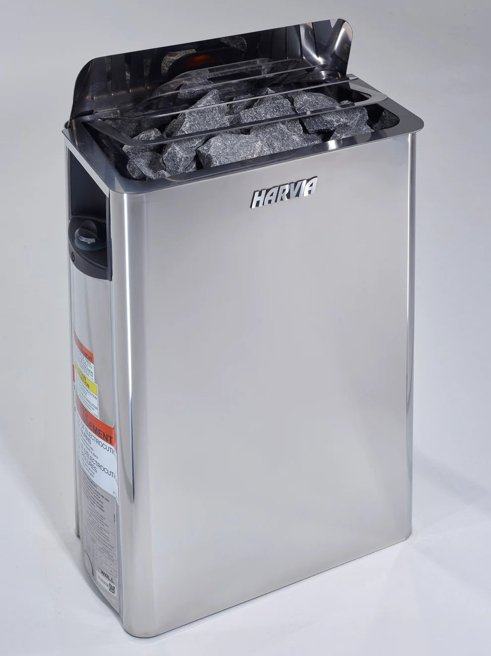 Stainless steel sauna heater with rocks inside on a white background