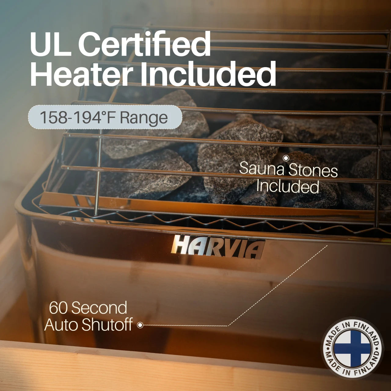 Harvia sauna with stones and text about UL certification, temperature range, and features.