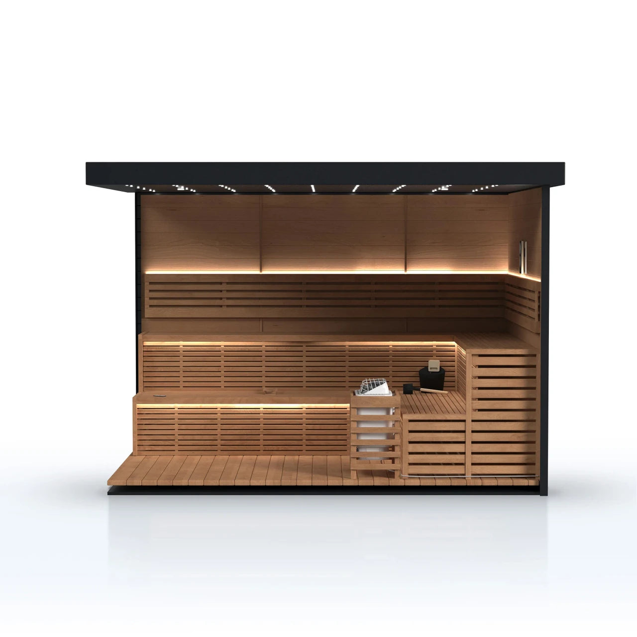 sauna with wooden design and black top on a white background