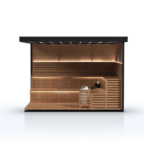 sauna with wooden design and black top on a white background