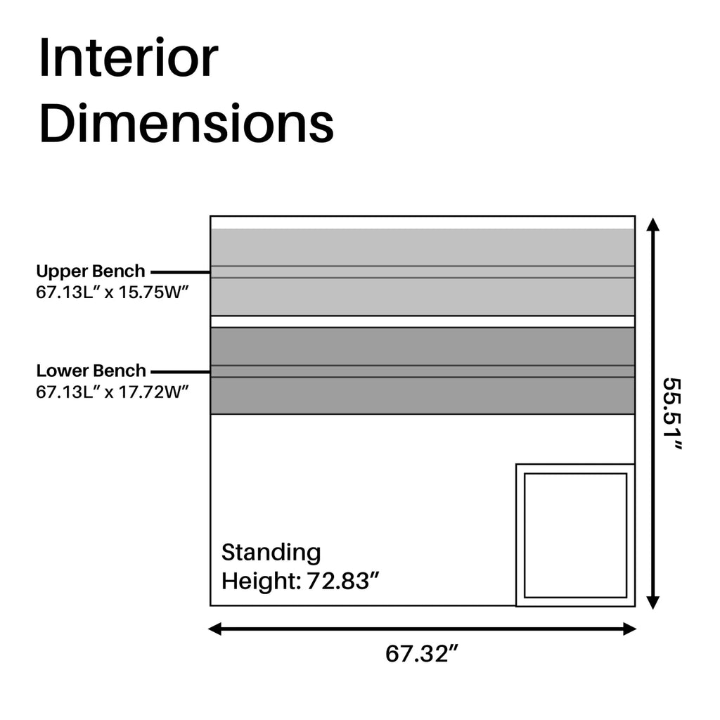 Diagram of interior dimensions with labeled parts and measurements.