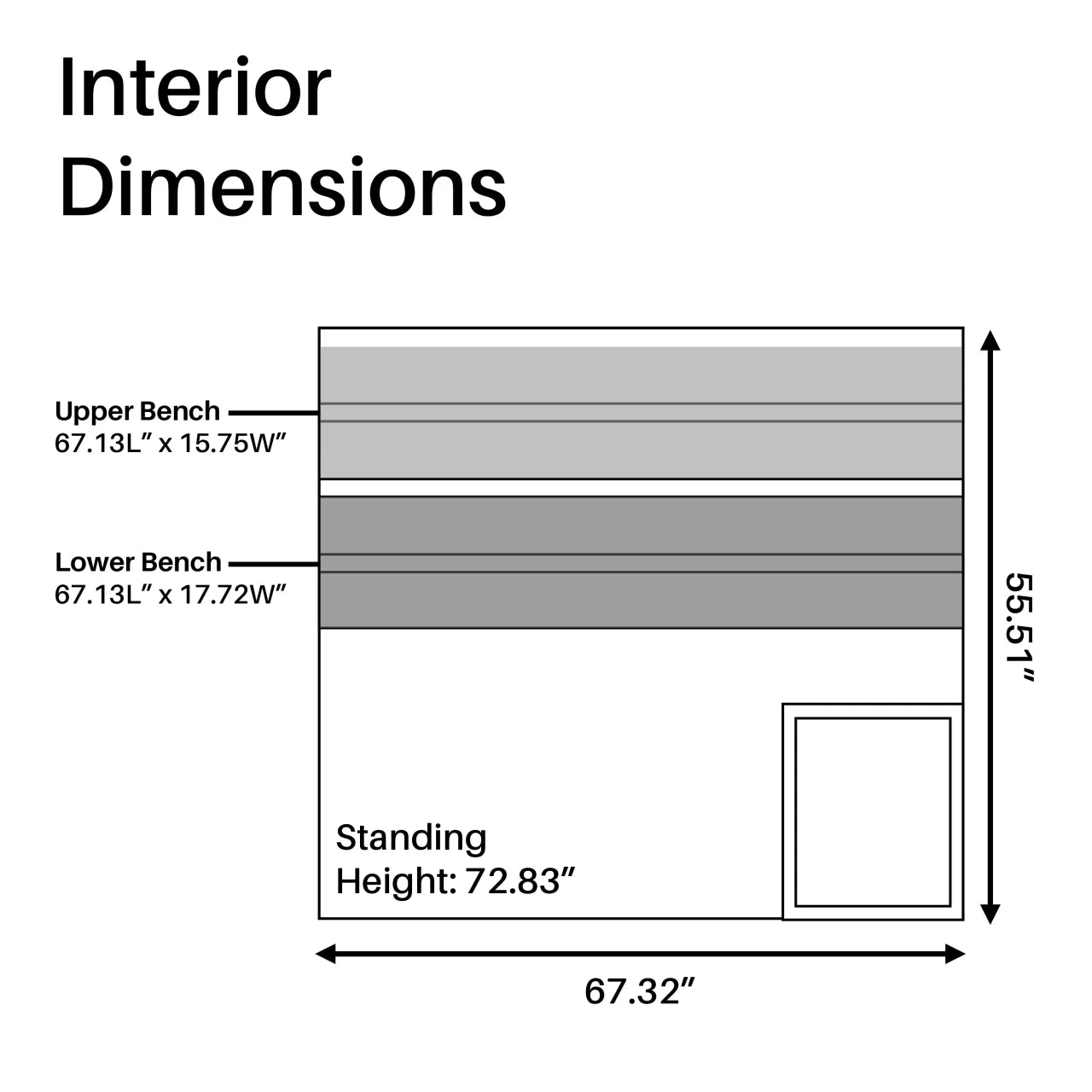 Diagram of interior dimensions with labeled parts and measurements.