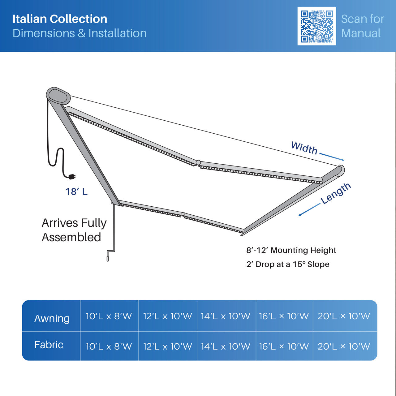 Italian Series 10x8 ft Motorized Patio Awning — Gray