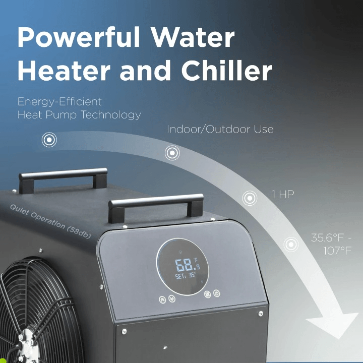 Water heater and chiller with digital display on a blue gradient background
