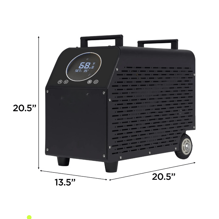 Black Aleko portable heater with digital display and dimensions on a white background