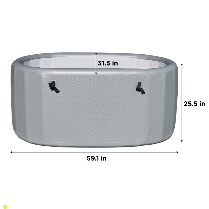 Gray oval container with dimensions labeled on a white background