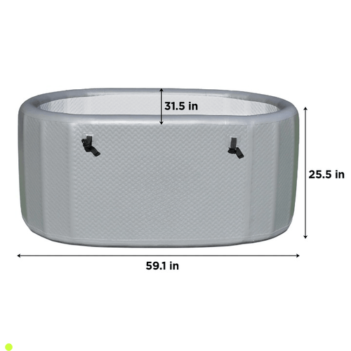 Gray oval container with dimensions labeled on a white background